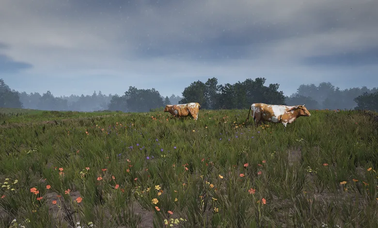 Cows grazing in a flower-filled field in Manor Lords