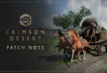 Crimson Desert patch-notes artwork showing a horse-drawn wagon on a road beside the game logo