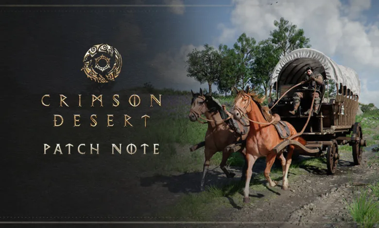 Crimson Desert patch-notes artwork showing a horse-drawn wagon on a road beside the game logo