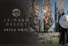 Crimson Desert patch-notes artwork showing a shattered city scene and armored character