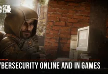 A hooded STALCRAFT: X character sits beside a computer in a brick-walled room, with text reading Cybersecurity Online and in Games