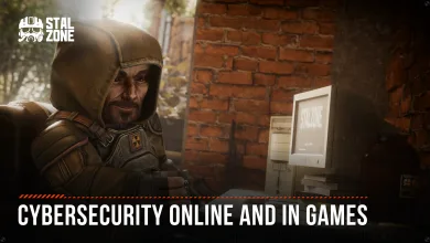 A hooded STALCRAFT: X character sits beside a computer in a brick-walled room, with text reading Cybersecurity Online and in Games