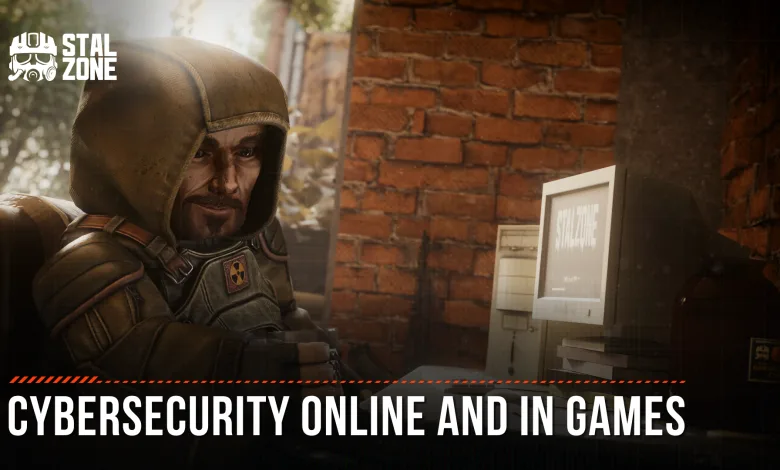 A hooded STALCRAFT: X character sits beside a computer in a brick-walled room, with text reading Cybersecurity Online and in Games