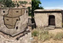 Damaged stone buildings in the DayZ Badlands environment