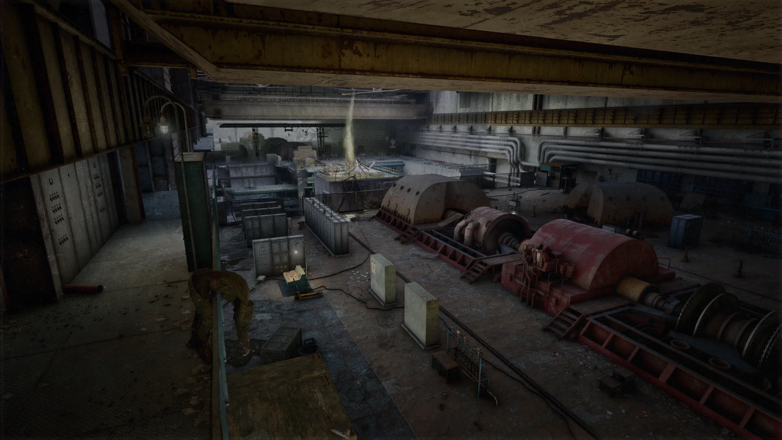 Damaged turbines and machinery inside the Turbine Hall