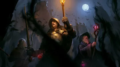 Dark and Darker adventurers explore a dark cavern, with one holding a torch and another casting a spell