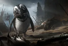 A penguin-like creature stands in a ruined dungeon surrounded by wreckage in Dark and Darker