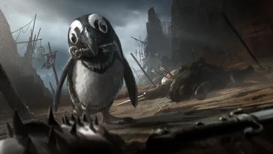 A penguin-like creature stands in a ruined dungeon surrounded by wreckage in Dark and Darker