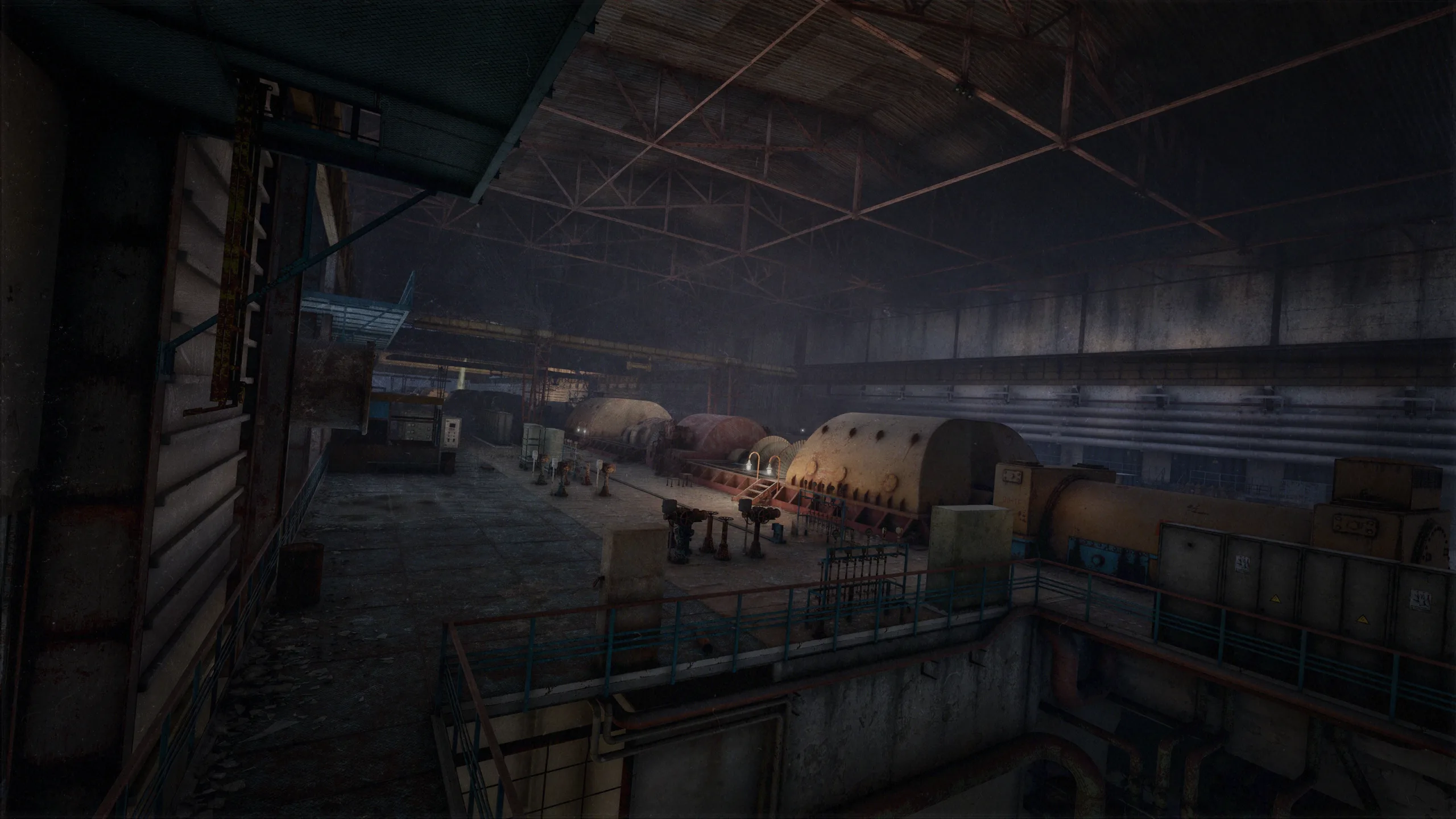 Dark interior view of the Turbine Hall with damaged generators