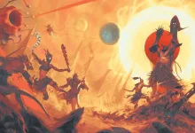 Dark Sun fantasy artwork showing monstrous figures and warriors in a barren desert beneath a bright sun