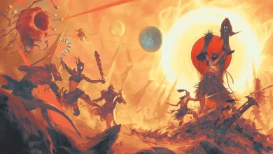 Dark Sun fantasy artwork showing monstrous figures and warriors in a barren desert beneath a bright sun