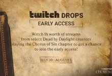 Dead by Daylight Twitch Drops Early Access artwork for the Chorus of Sin chapter, with instructions to watch selected creator streams from July 30 to August 1