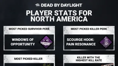 Dead by Daylight player stats graphic for North America showing Windows of Opportunity and Scourge Hook: Pain Resonance as the most-picked perks.