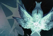 Glowing blue winged emblem in Deadlock update artwork