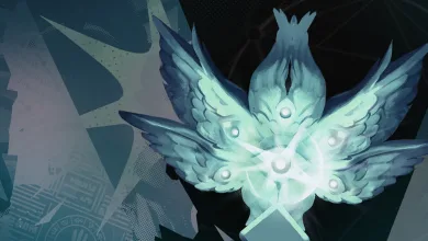 Glowing blue winged emblem in Deadlock update artwork