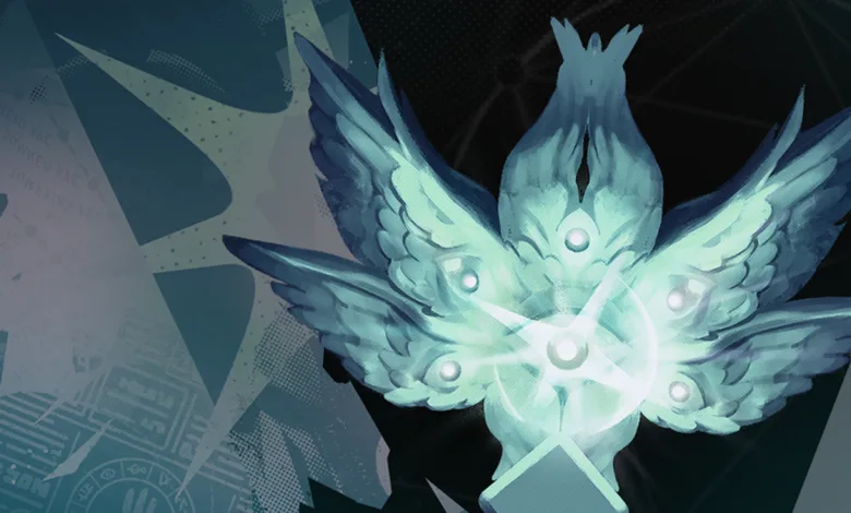 Glowing blue winged emblem in Deadlock update artwork