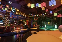 The Deep Rock Galactic Space Rig decorated with colorful lanterns and beach inflatables
