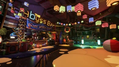 The Deep Rock Galactic Space Rig decorated with colorful lanterns and beach inflatables