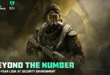 Armored Delta Force operator wearing a gas mask beneath Delta Force and G.T.I. Security logos, with text reading “Beyond the Number” and “A Mid-Year Look at Security Environm