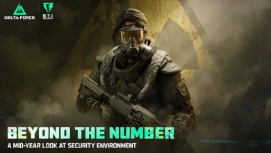 Armored Delta Force operator wearing a gas mask beneath Delta Force and G.T.I. Security logos, with text reading “Beyond the Number” and “A Mid-Year Look at Security Environm