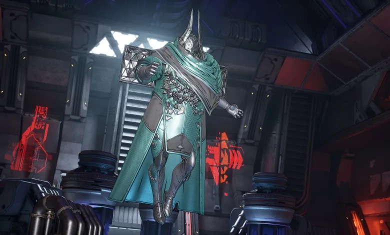 Divisioner stands inside a futuristic Borderlands 4 facility wearing ornate armor and a teal cape.
