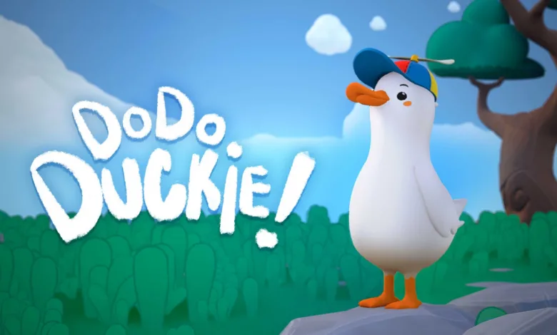 A cheerful white duck wearing a colorful cap stands in a bright green landscape beneath the Dodo Duckie title.