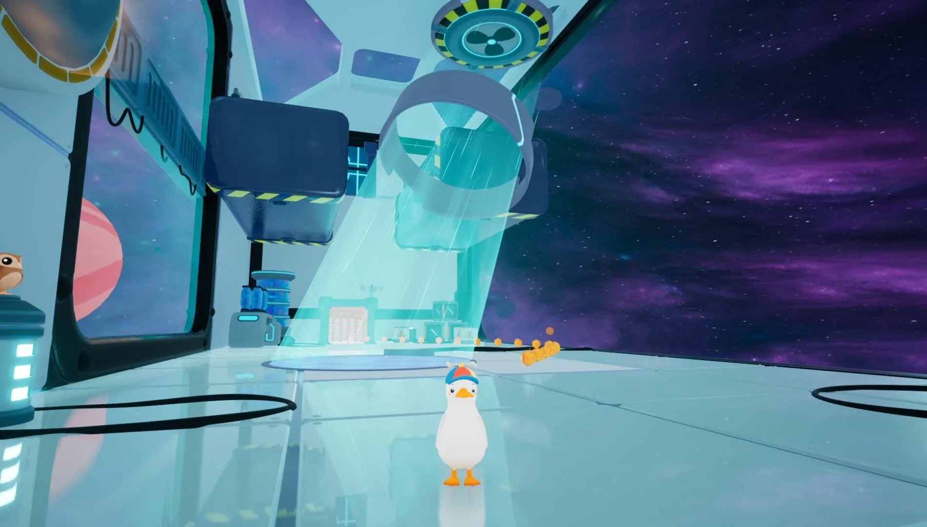 Dodo Duckie standing inside a futuristic space station