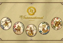 Decorative Dota 2 The International artwork featuring five circular fantasy illustrations beneath the event logo