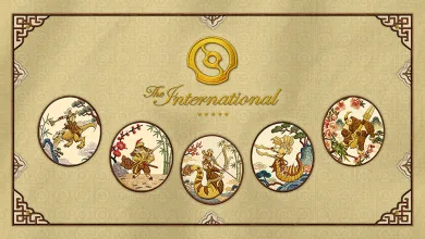 Decorative Dota 2 The International artwork featuring five circular fantasy illustrations beneath the event logo