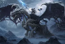 A massive dark dragon with blue-lit bones stands in a stormy mountain landscape in Throne and Liberty