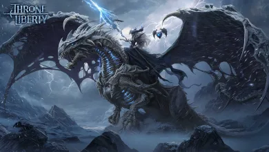 A massive dark dragon with blue-lit bones stands in a stormy mountain landscape in Throne and Liberty