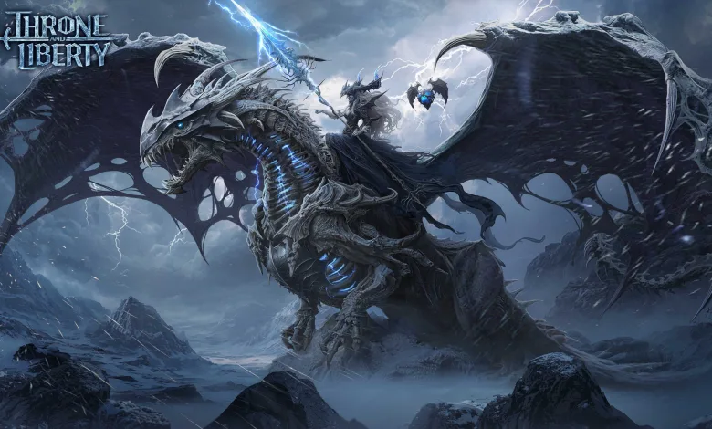 A massive dark dragon with blue-lit bones stands in a stormy mountain landscape in Throne and Liberty