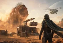 A robed survivor watches a cargo outpost in the desert as a massive sandworm rises behind it and an aircraft flies overhead.