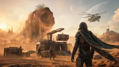A robed survivor watches a cargo outpost in the desert as a massive sandworm rises behind it and an aircraft flies overhead.