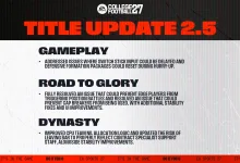Official College Football 27 Title Update 2.5 graphic listing gameplay, Road to Glory, and Dynasty fixes