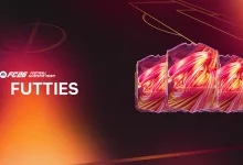 EA SPORTS FC 26 FUTTIES graphic showing three red-and-gold Ultimate Team player-item cards