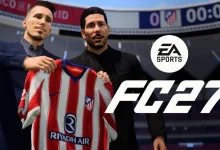 EA SPORTS FC 27 artwork showing a player and manager holding a football shirt in a stadium