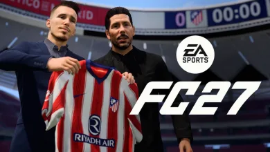 EA SPORTS FC 27 artwork showing a player and manager holding a football shirt in a stadium