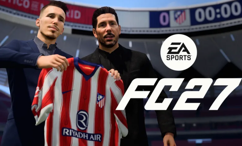 EA SPORTS FC 27 artwork showing a player and manager holding a football shirt in a stadium