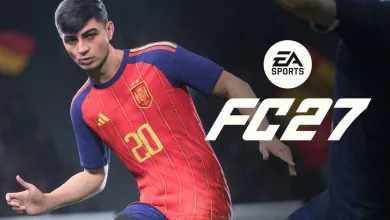EA Sports FC 27 player in a Spain kit beside the EA Sports FC 27 logo
