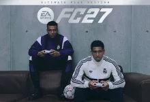 EA Sports FC 27 Ultimate Plus Edition artwork showing two football players holding controllers beneath the game logo