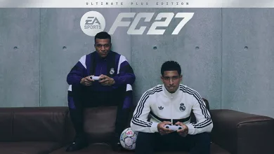 EA Sports FC 27 Ultimate Plus Edition artwork showing two football players holding controllers beneath the game logo