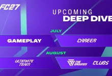 EA SPORTS FC 27 graphic listing upcoming Deep Dives for Gameplay, Career, Ultimate Team, The Grounds, and Clubs