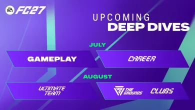 EA SPORTS FC 27 graphic listing upcoming Deep Dives for Gameplay, Career, Ultimate Team, The Grounds, and Clubs