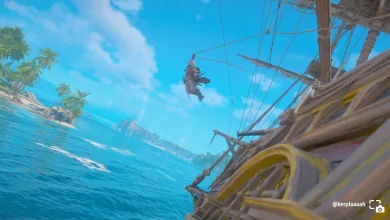 Edward Kenway swings from the Jackdaw by a rope above Caribbean waters in Assassin’s Creed Black Flag Resynced