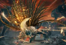 A large armored Elden Ring creature crouches in a fiery, battle-scarred landscape