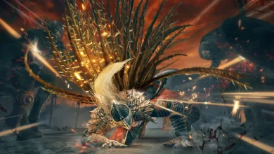 A large armored Elden Ring creature crouches in a fiery, battle-scarred landscape