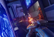 EMPULSE first-person gameplay showing a weapon aimed at an opponent in a neon-lit futuristic map