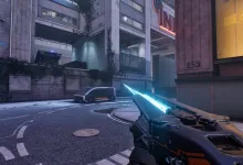 EMPULSE first-person gameplay showing a blue energy beam weapon aimed down a futuristic city street