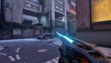 EMPULSE first-person gameplay showing a blue energy beam weapon aimed down a futuristic city street